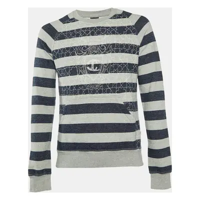 Just Cavalli Grey Striped Cotton Logo Embroidered Sweatshirt