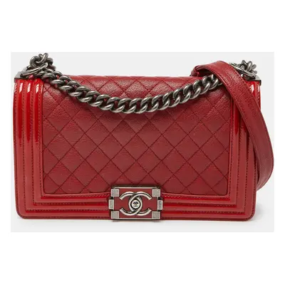 Chanel Red Quilted Leather and Patent Leather Medium Boy Flap Bag