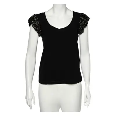 Love Moschino Black Cotton Knit Embellished Puff Sleeve T-Shirt