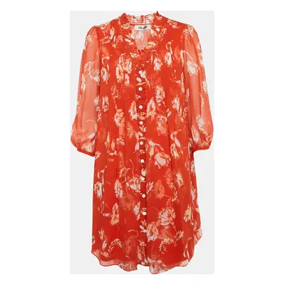 : Diane Von Furstenberg Orange Floral Print Silk Button-Front Ruffled Mini Dress