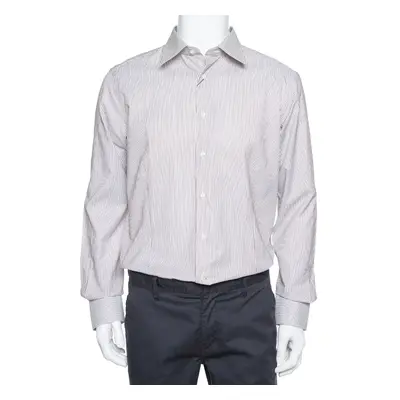 Balmain Cream & Brown Striped Cotton Button Front Slim Fit Two Ply Shirt