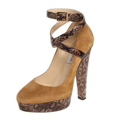 Jimmy Choo Beige/Brown Suede And Python Ankle Strap Platform Pumps Size