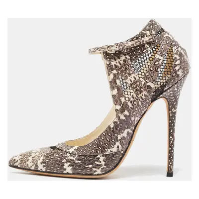 Brian Atwood Grey/White Snakeskin and Mesh Ankle Strap Pumps Size