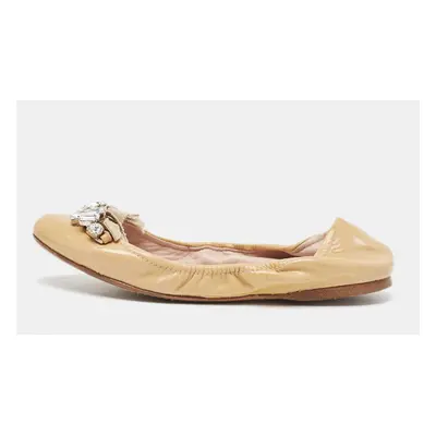 Miu Miu Beige Patent Leather Crystal Embellished Ballet Flats Size