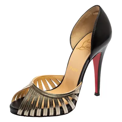 Christian Louboutin Black/Gold Leather and Metal Corpus Peep-Toe Pumps Size