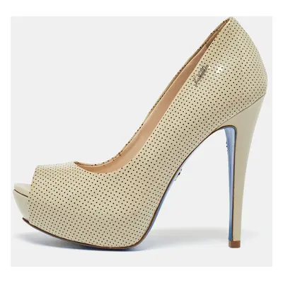 Loriblu Beige Perforated Patent Leather Peep Toe Platform Pumps Size