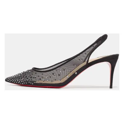 Christian Louboutin Black Mesh Follies Strass Slingback Pumps Size 39.5