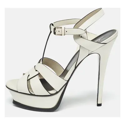 Saint Laurent White/Black Leather Tribute Ankle Strap Sandals Size