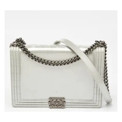 Chanel Grey Patent Leather Large Reverso Boy Flap Bag