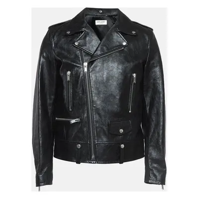 Saint Laurent Paris Black Leather Zipper Detail Biker Jacket