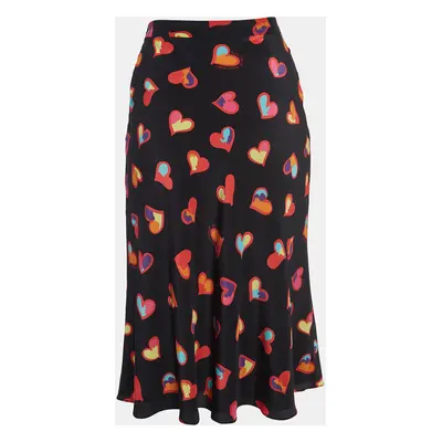 Boutique Moschino Black Heart Print Silk Flared Midi Skirt