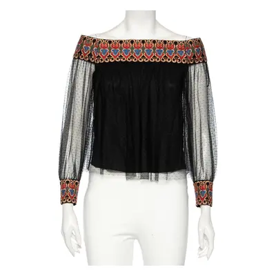 Alice + Olivia Black Embroidered Tulle Off-Shoulder Blouse