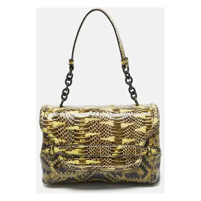 Bottega Veneta Yellow/Brown Intrecciato Karung and Watersnake Detail Flap Shoulder Bag