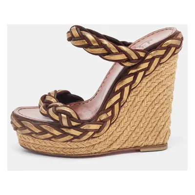 Christian Louboutin Brown/Gold Braided Leather and Suede Espadrille Wedge Sandals Size