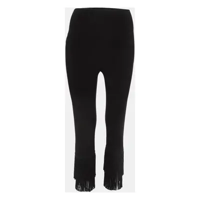 Norma Kamali Black Stretch Knit Fringed Hem Crop Leggings