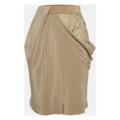 Sportmax Beige Lace Trim Silk Draped Pencil Skirt