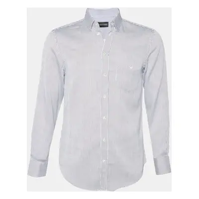 Emporio Armani White & Blue Striped Cotton Button Front Shirt