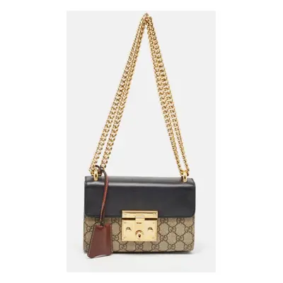 Gucci Black/Beige GG Supreme Canvas and Leather Small Padlock Shoulder Bag