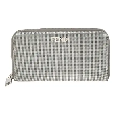 Fendi Silver Textured Leather Zip Around Continental Wallet