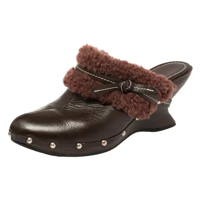 Salvatore Ferragamo Brown Leather And Faux Fur Studded Clog Mules Size 38.5