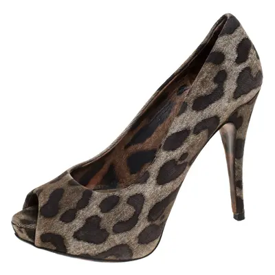 Dolce & Gabbana Brown Leopard Print Canvas Peep Toe Platform Pumps Size