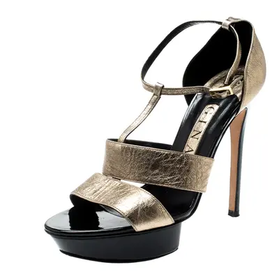 Gina Metallic Gold Leather T Strap Platform Sandals Size