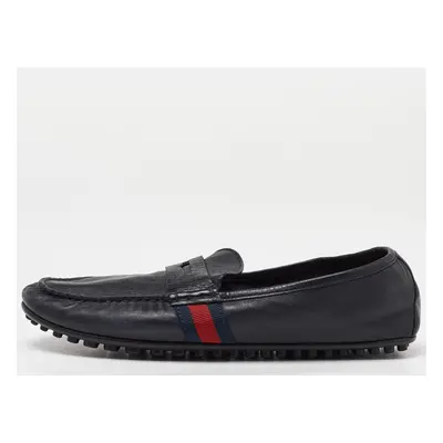 Gucci Black Leather Web Penny Slip On Loafers Size