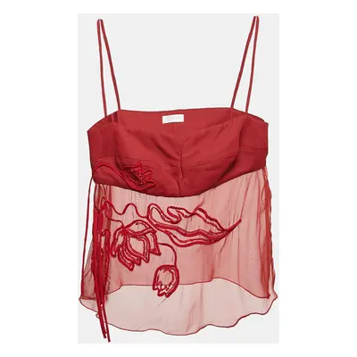 Valentino Red Embroidered Silk and Crepe Strappy Top