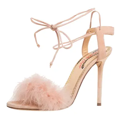 Charlotte Olympia Beige Suede And Feather Embellished Salsa Sandals Size