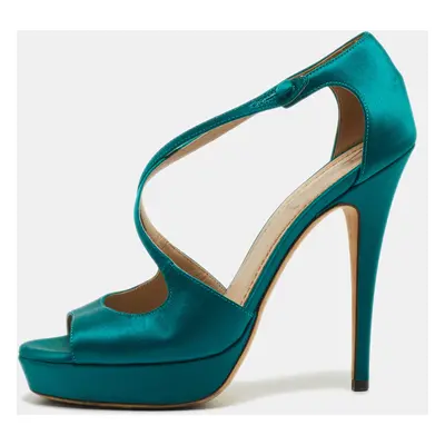 Saint Laurent Teal Satin Cross Strap Platform Sandals Size