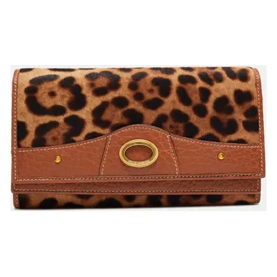 Dolce & Gabbana Brown/Beige Leopard Print Calfhair and Leather Double Flap Continental Wallet