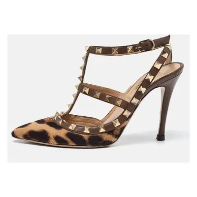 Valentino Brown Leopard Print Calfhair and Leather Rockstud Caged Sandals Size 36.5