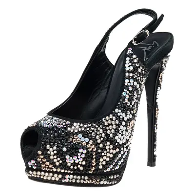 Giuseppe Zanotti Black Suede Crystal Embellished Sharon Peep Toe Platform Sandals Size