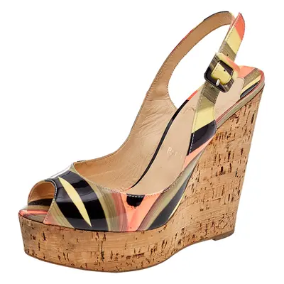 Christian Louboutin Multicolor Patent Leather Une Plume Cork Wedge Slingback Sandals Size