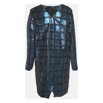 Kenzo Metallic Blue/Black Square Jacquard V-Neck Shift Dress