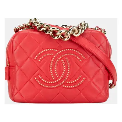 Chanel Red Lambskin Quilted Studded Beauty Begins Shoulder Bag