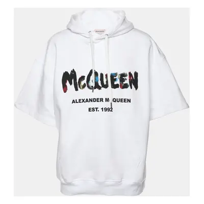 Alexander McQueen White Cotton Knit Logo Print Short Sleeve Hoodie