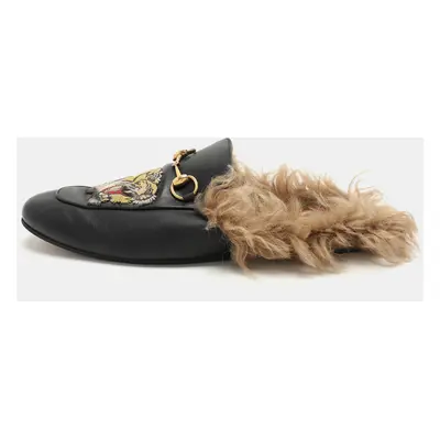 Gucci Black Leather Princetown Fur Lined Horsebit Mules Size