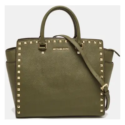 Michael Kors Green Studded Leather Large Selma Satchel