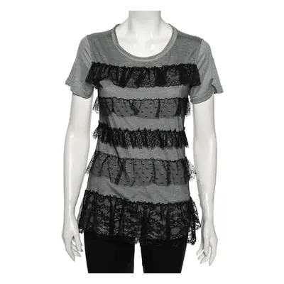 Red Valentino Grey Ruffled Lace and Jersey Short Sleeve T Shirt