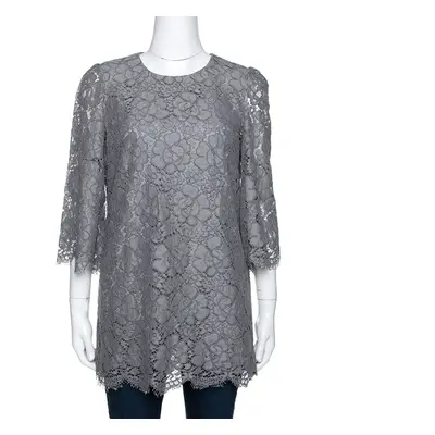 Dolce & Gabbana Grey Floral Corded Lace Three Quarter Sleeve Top