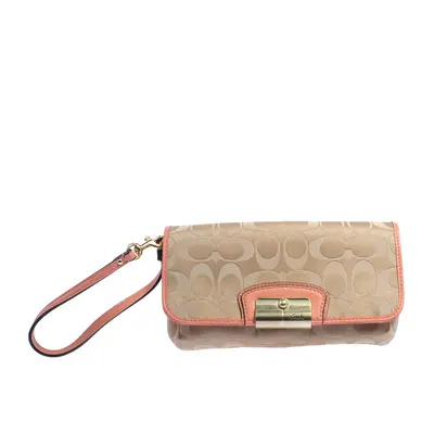 Coach Beige/Orange Signature Canvas and Leather Wristlet Clutch