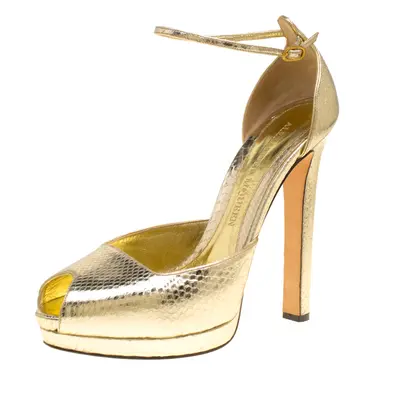 Alexander McQueen Metallic Embossed Python Leather Peep Toe Ankle Strap Platform Sandals Size