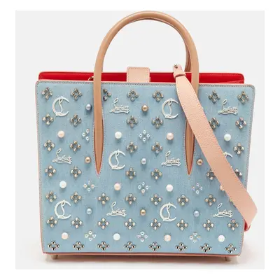 Christian Louboutin Multicolor Denim and Leather Mix Pearls Paloma Tote