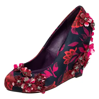 Tory Burch Red/Black Floral Print Satin Elmira Wedge Pumps Size 36.5