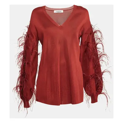 Valentino Red Ostrich Feather Trim Knit V-Neck Sweatshirt