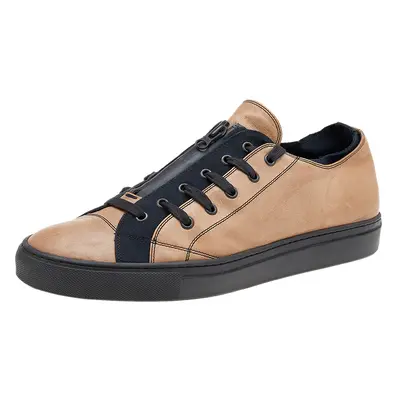 Valentino Beige/Black Leather And Canvas Zip Detail Low Top Sneakers Size