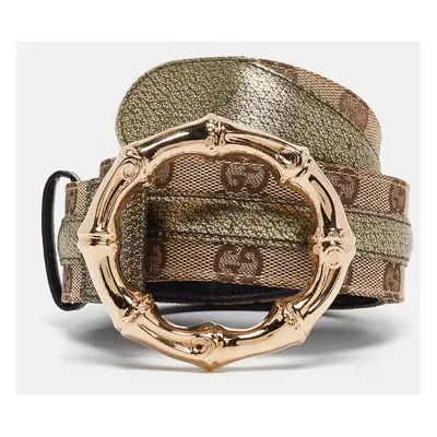 Gucci Beige Beige/Green GG Canvas and Leather Metal Bamboo Ring Belt 85CM