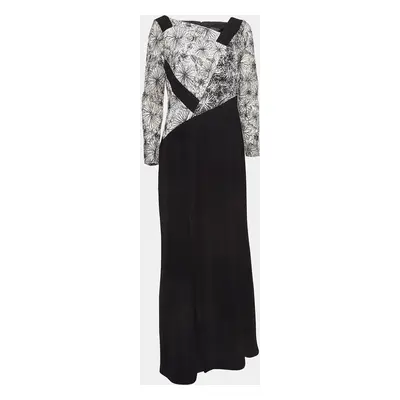 Tadashi Shoji Black/White Crepe & Embroidered Tulle Maxi Dress