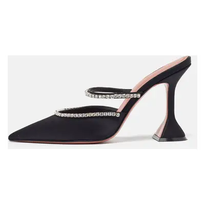 Amina Muaddi Black Satin Crystal Embellished Gilda Mules Size